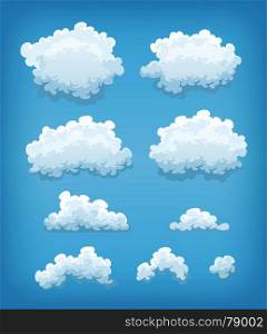 Clouds Set On Blue Sky Background. Illustration of a cartoon set of clouds and smoke shapes, on blue sky background