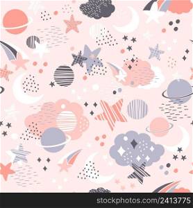 Clouds, stars and cosmic elements abstract seamless pattern in minimalism style. Creative scandinavian texture for fabric, wrapping, textile, wallpaper, apparel. Vector illustration in trendy colors.. Seamless cosmic pattern in trendy colors vector background