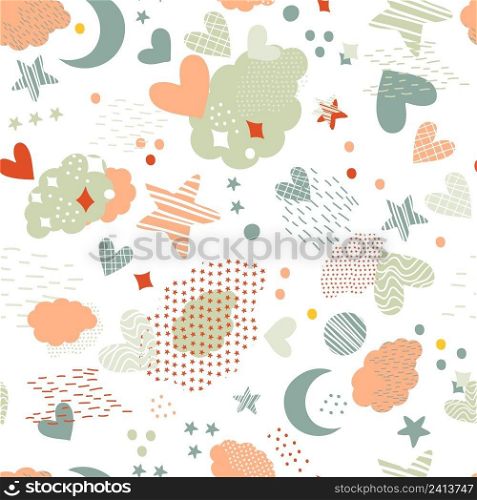 Clouds, stars, hearts and cosmic elements abstract seamless pattern in minimalism style. Vector background in trendy colors. Ideal for social media, cards and posters, print, design, fabric.. Cosmic seamless pattern in trendy colors vector