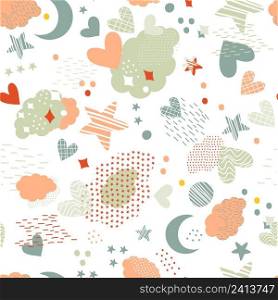 Clouds, stars, hearts and cosmic elements abstract seamless pattern in minimalism style. Vector background in trendy colors. Ideal for social media, cards and posters, print, design, fabric.. Cosmic seamless pattern in trendy colors vector