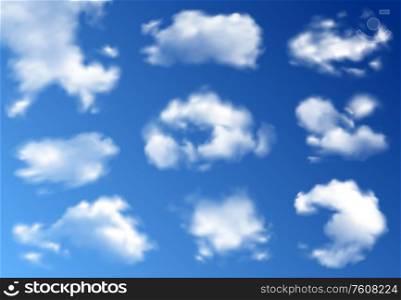 Clouds various types and shapes realistic set with stratus cumulus against cobalt blue sky background vector illustration