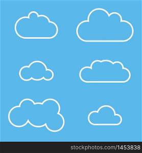 Clouds vector set, flat bubble sky, blue background.