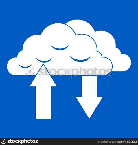 Clouds with arrows icon white isolated on blue background vector illustration. Clouds with arrows icon white