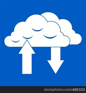 Clouds with arrows icon white isolated on blue background vector illustration. Clouds with arrows icon white