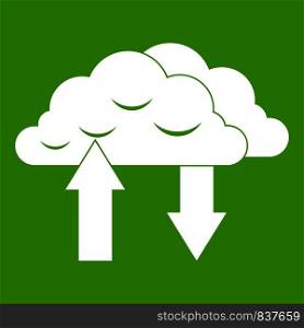 Clouds with arrows icon white isolated on green background. Vector illustration. Clouds with arrows icon green