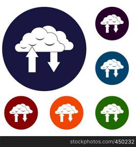 Clouds with arrows icons set in flat circle reb, blue and green color for web. Clouds with arrows icons set