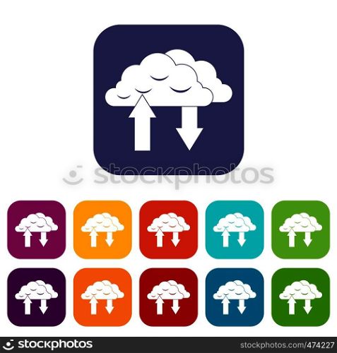 Clouds with arrows icons set vector illustration in flat style In colors red, blue, green and other. Clouds with arrows icons set