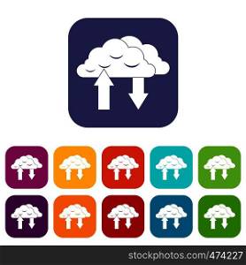 Clouds with arrows icons set vector illustration in flat style In colors red, blue, green and other. Clouds with arrows icons set