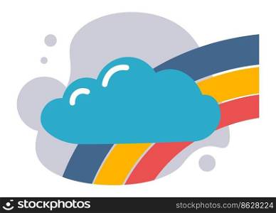 Cloudscape and rainbow, weather conditions and forecast. Meteorology icon of clouds with drops of rain and colorful scene. Moisture and humidity in the air, precipitation. Vector in flat style. Weather conditions cloudscape and rainbow forecast