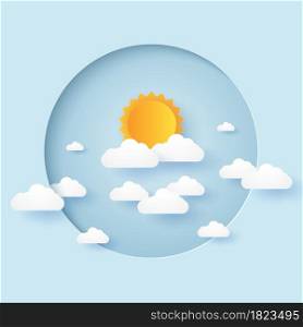 Cloudscape, blue sky with cloud and sun in circular frame, paper art style