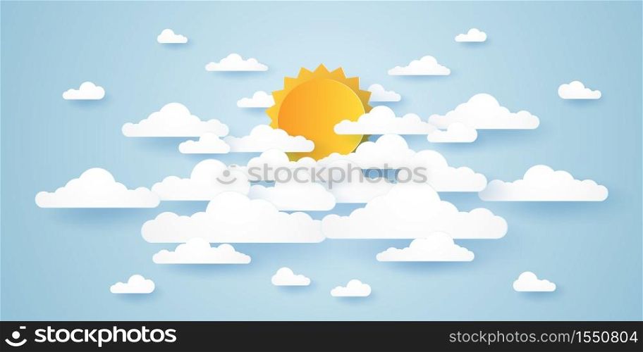 Cloudscape, blue sky with clouds and bright sun, paper art style