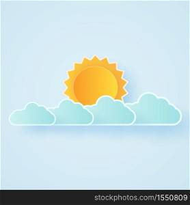 Cloudscape, blue sky with clouds and bright sun, paper art style