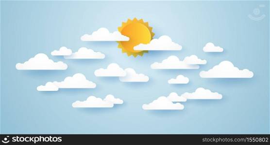 Cloudscape, blue sky with clouds and sun, paper art style