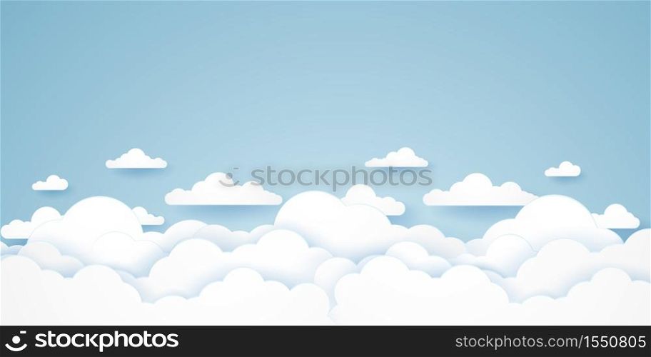 Cloudscape, blue sky with clouds, paper art style