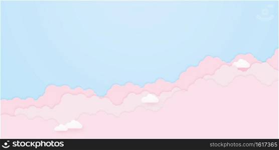 Cloudscape, blue sky with pink clouds , paper art style