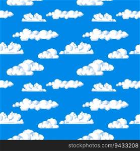 Cloudscape, pixelated clear sky with clouds and nature location. Game design development and setting, cloudy weather outdoors. Seamless pattern, wallpaper background or print. Vector in flat style. Cloudy sky, pixelated cloudscape of nature vector