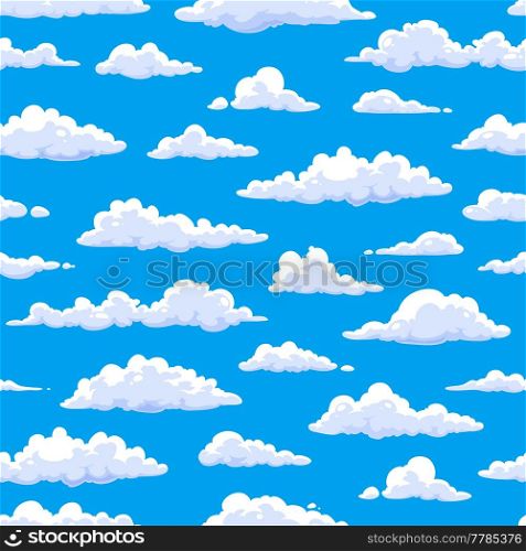 Cloudscape seamless pattern, cartoon fluffy clouds in blue sky, vector background. Cloudy summer sky with fluff clouds pattern, fresh air or heaven and kids cartoon design. Cloudscape seamless pattern, cartoon fluffy clouds