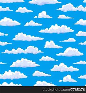 Cloudscape seamless pattern, cartoon fluffy clouds in blue sky, vector background. Cloudy summer sky with fluff clouds pattern, fresh air or heaven and kids cartoon design. Cloudscape seamless pattern, cartoon fluffy clouds