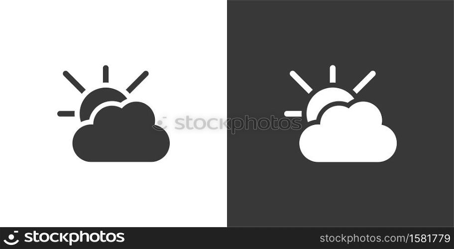 Cloudy day and sun. Isolated icon on black and white background. Weather glyph vector illustration