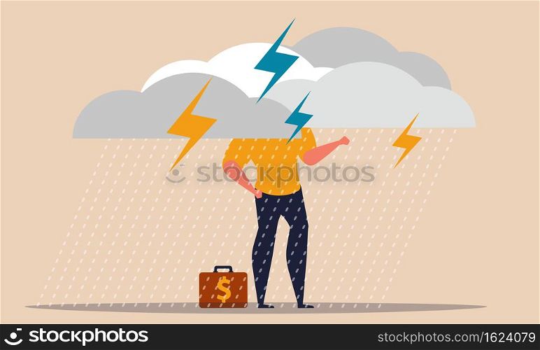 Cloudy disaster and insurance concept with office man thinking and walking. Struggle finance vector illustration. Investment debt and money for overcome thunderstorm. Storm with rain and risk damage