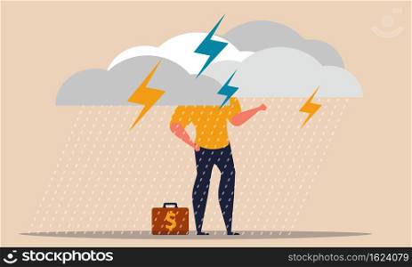 Cloudy disaster and insurance concept with office man thinking and walking. Struggle finance vector illustration. Investment debt and money for overcome thunderstorm. Storm with rain and risk damage