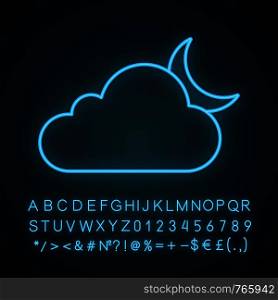 Cloudy night neon light icon. Partly cloudy night. Clouds and moon. Weather forecast. Glowing sign with alphabet, numbers and symbols. Vector isolated illustration. Cloudy night neon light icon