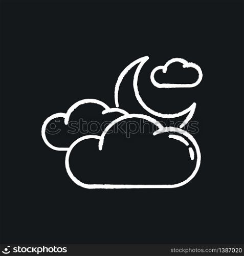 Cloudy night sky chalk white icon on black background. Nighttime weather forecast, meteorology science. Atmosphere condition prediction. Crescent and clouds isolated vector chalkboard illustration. Cloudy night sky chalk white icon on black background