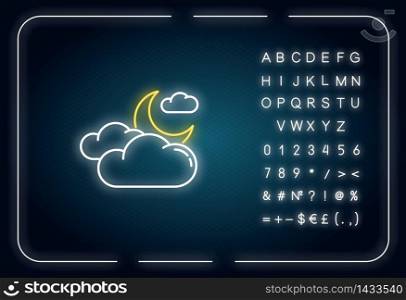 Cloudy night sky neon light icon. Outer glowing effect. Nighttime weather forecast, meteorology sign with alphabet, numbers and symbols. Crescent and clouds vector isolated RGB color illustration. Cloudy night sky neon light icon