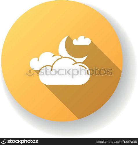 Cloudy night sky yellow flat design long shadow glyph icon. Nighttime weather forecast, meteorology science. Atmosphere condition prediction. Crescent and clouds silhouette RGB color illustration. Cloudy night sky yellow flat design long shadow glyph icon