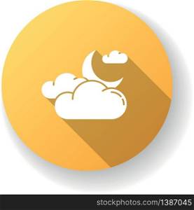 Cloudy night sky yellow flat design long shadow glyph icon. Nighttime weather forecast, meteorology science. Atmosphere condition prediction. Crescent and clouds silhouette RGB color illustration. Cloudy night sky yellow flat design long shadow glyph icon