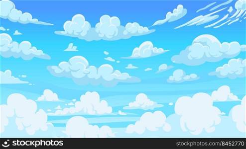 Cloudy sky background. Cartoon atmospheric anime scenery with white clouds and sunny blue summer sky. Vector sunny weather landscape illustration. Atmosphere cloud weather sky air. Cloudy sky background. Cartoon atmospheric anime scenery with white clouds and sunny blue summer sky. Vector sunny weather landscape illustration