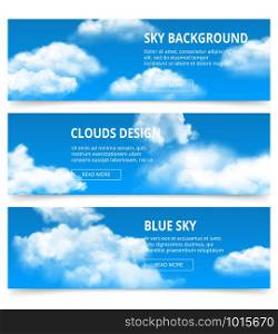 Cloudy sky banners. Realistic clouds weather condensation blue afternoon vector template with place for your text. Illustration of cloudscape fluffy web card collection. Cloudy sky banners. Realistic clouds weather condensation blue afternoon vector template with place for your text