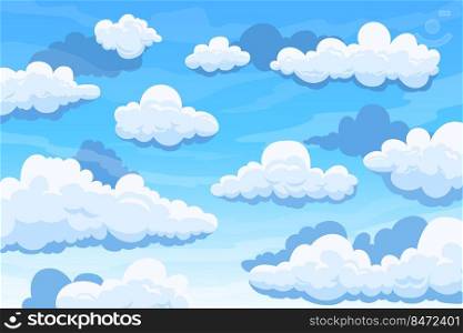 Cloudy sky. Cartoon background with blue summer sky and cumulus clouds. Vector clean air and atmosphere concept art atmospheric clouds environment. Cloudy sky. Cartoon background with blue summer sky and cumulus clouds. Vector clean air and atmosphere concept