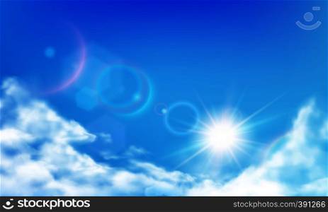 Cloudy sky. Daytime bright sun, sunny day clouds and realistic cloud in blue sky. Sunshine in clouds, fluffy heaven sky realistic vector background illustration. Cloudy sky. Daytime bright sun, sunny day clouds and realistic cloud in blue sky realistic vector background illustration