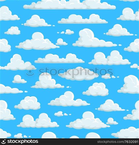 Cloudy sky seamless pattern, clouds background wallpaper. Clouds pattern on abstract blue sky background, fluffy cartoon flat cloudscape, sunny weather nature, easter heaven and kid decoration. Cloudy sky seamless pattern, clouds background