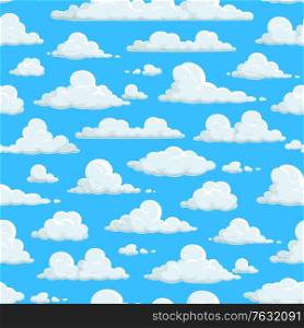 Cloudy sky seamless pattern, clouds background wallpaper. Clouds pattern on abstract blue sky background, fluffy cartoon flat cloudscape, sunny weather nature, easter heaven and kid decoration. Cloudy sky seamless pattern, clouds background