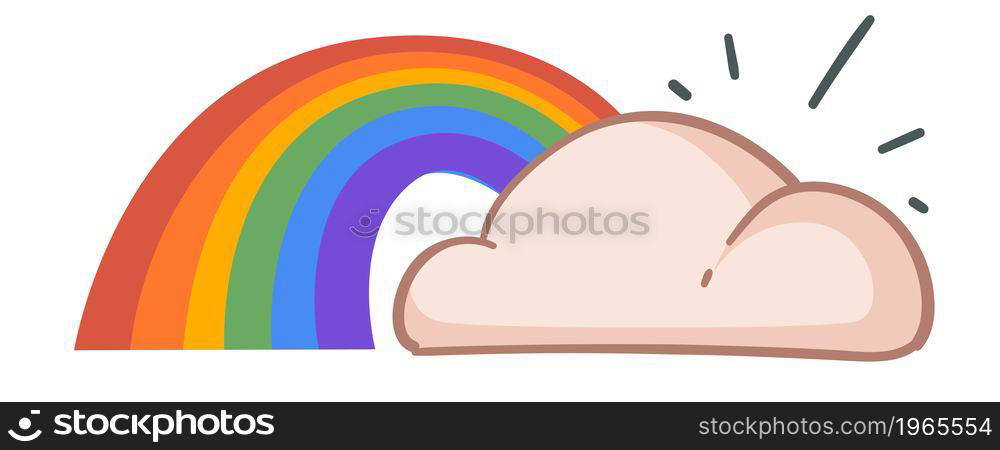 Cloudy sky with rainbow arc, colorful bright natural phenomenon. Summer or spring, spectrum of tones and shades. Symbol of positivity and creativity. Dreams and fantasy. Vector in flat style. Rainbow arc and cloud, weather change in nature