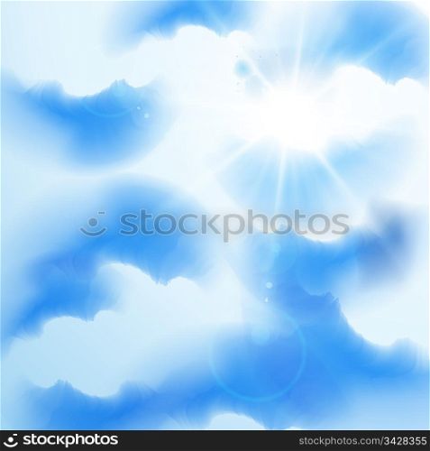 Cloudy summer sky with rays of sun, eps10 vector illustration