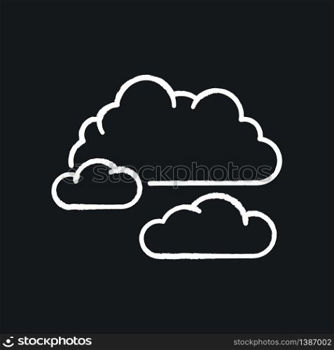 Cloudy weather chalk white icon on black background. Overcast, moody sky, meteo forecasting. Atmosphere condition prediction science, meteorology. Clouds isolated vector chalkboard illustration. Cloudy weather chalk white icon on black background