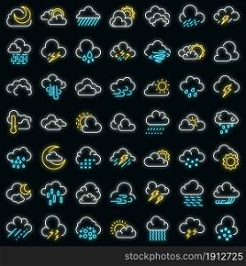 Cloudy weather icons set. Outline set of cloudy weather vector icons neon color on black. Cloudy weather icons set vector neon