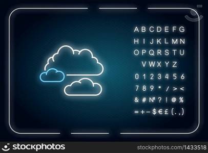 Cloudy weather neon light icon. Outer glowing effect. Overcast, moody sky, meteorological forecast sign with alphabet, numbers and symbols. Clouds vector isolated RGB color illustration. Cloudy weather neon light icon