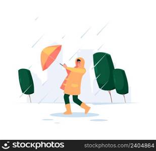 Cloudy weather. Rainy cold time urban landscape walking peoples with umbrellas seasonal persons garish vector flat background. Illustration weather rain in cloudy, rainy autumn windy. Cloudy weather. Rainy cold time urban landscape walking peoples with umbrellas seasonal persons garish vector flat background