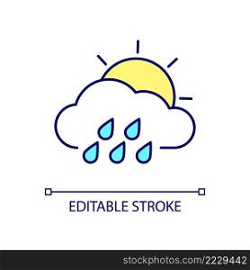Cloudy weather with rainfall RGB color icon. Accurate report. Weather forecast. Overcast sky condition. Isolated vector illustration. Simple filled line drawing. Editable stroke. Arial font used. Cloudy weather with rainfall RGB color icon