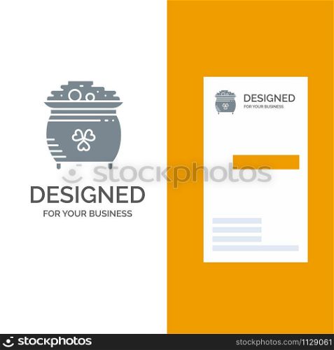 Clover, Coin, Gold, Pot, St. Patrick Grey Logo Design and Business Card Template