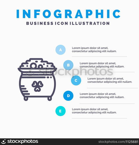 Clover, Coin, Gold, Pot, St. Patrick Line icon with 5 steps presentation infographics Background