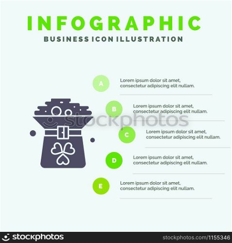 Clover, Coin, Green, Hat, In Solid Icon Infographics 5 Steps Presentation Background