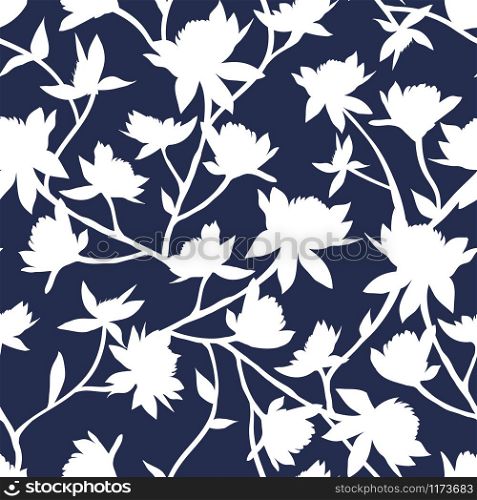 Clover Flowers Seamless Vector Pattern. White Silhouettes on Dark Blue Trendy Color Background. Honey Flowers Surface Texture. Simple Modern Printable Wallpaper Design or Scrapbook Paper Texture. Clover Flowers Seamless Vector Pattern. White Silhouettes on Dark Blue Trendy Color Background. Honey Flowers Surface Texture.