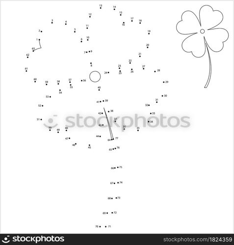 Clover Four Leaf Icon, Four Leaf Clover Symbol Of Good Luck Connect The Dots,Puzzle Containing A Sequence Of Numbered Dots Vector Art Illustration