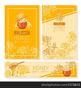 Clover Honey Print Template. Yellow and Orange Banners for Thanksgiving Holiday or Packaging Brand Identity. Vector Illustration. Clover Honey Print Template. Yellow and Orange Banners