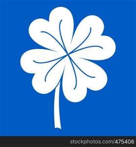 Clover leaf icon white isolated on blue background vector illustration. Clover leaf icon white